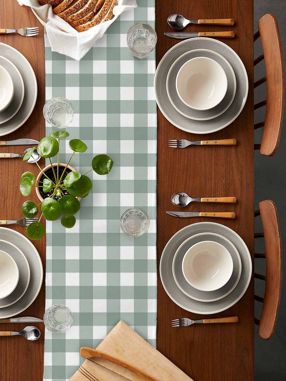 nqOlkjepod Green Farmhouse Table Runner 48 Inches Long Farmhouse Dress Scarves, Buffalo Plaid Check Lattice White Grid Dining Tablerunner for Coffee Table/Kitchen Island/Party Décor, 13" x 48"