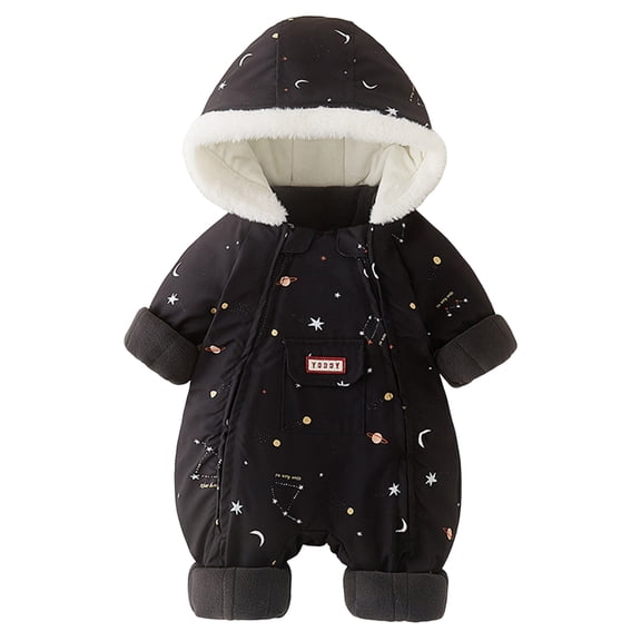 newwalpole Baby Snowsuit Newborn Printed Winter Clothes Outfit Infant Boys Grils Hooded Double Zippers Jumpsuit Onesie Coat Black for Size 9-12 Months