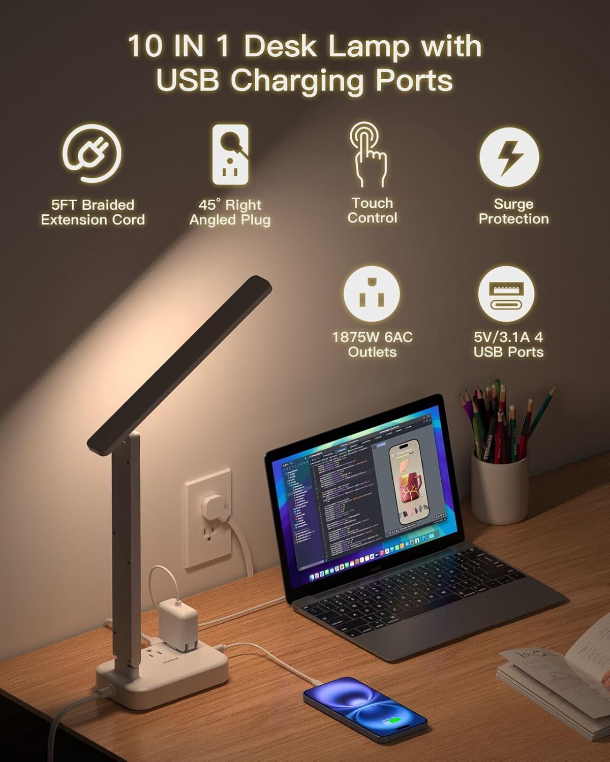 One Beat Desk Lamp with 6 Outlets 4 USB Ports(2×USB-C),Eye Protection Table Lamp Power Strip with 4 Color Modes 5 Brightness Touch LED Desk Lamps for Home Office College Dorm Room Essentials