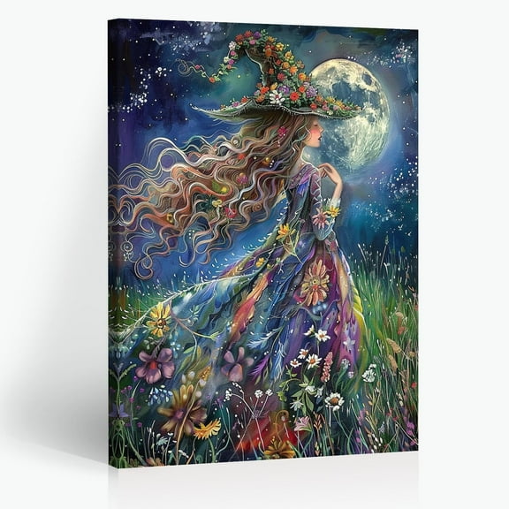 Witch Wall Art Wildflower Blooms Under the Moon Print Mystical Magical Beautiful Witchy Decor Ethereal Aesthetic Canvas Art Decorations for the Family Room Perfect holiday gift