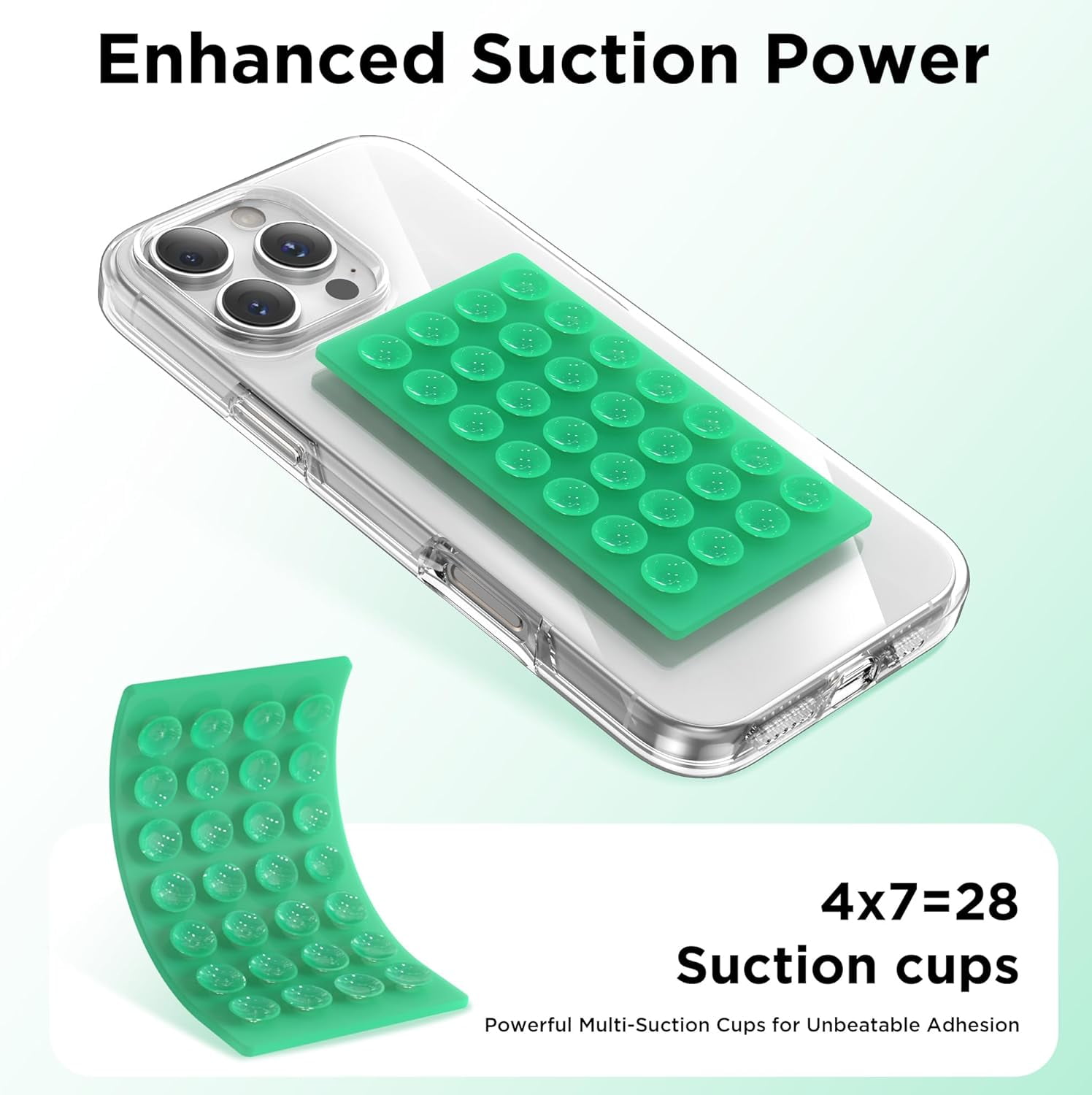 MKEUDQ-2 Pack Silicone Suction Cup Phone Case Mount Double-Sided, Hands-Free Strong Grip Holder for iPhone and Android, Sticky Phone Stand for Selfies and Videos, Emerald Green+Transparent