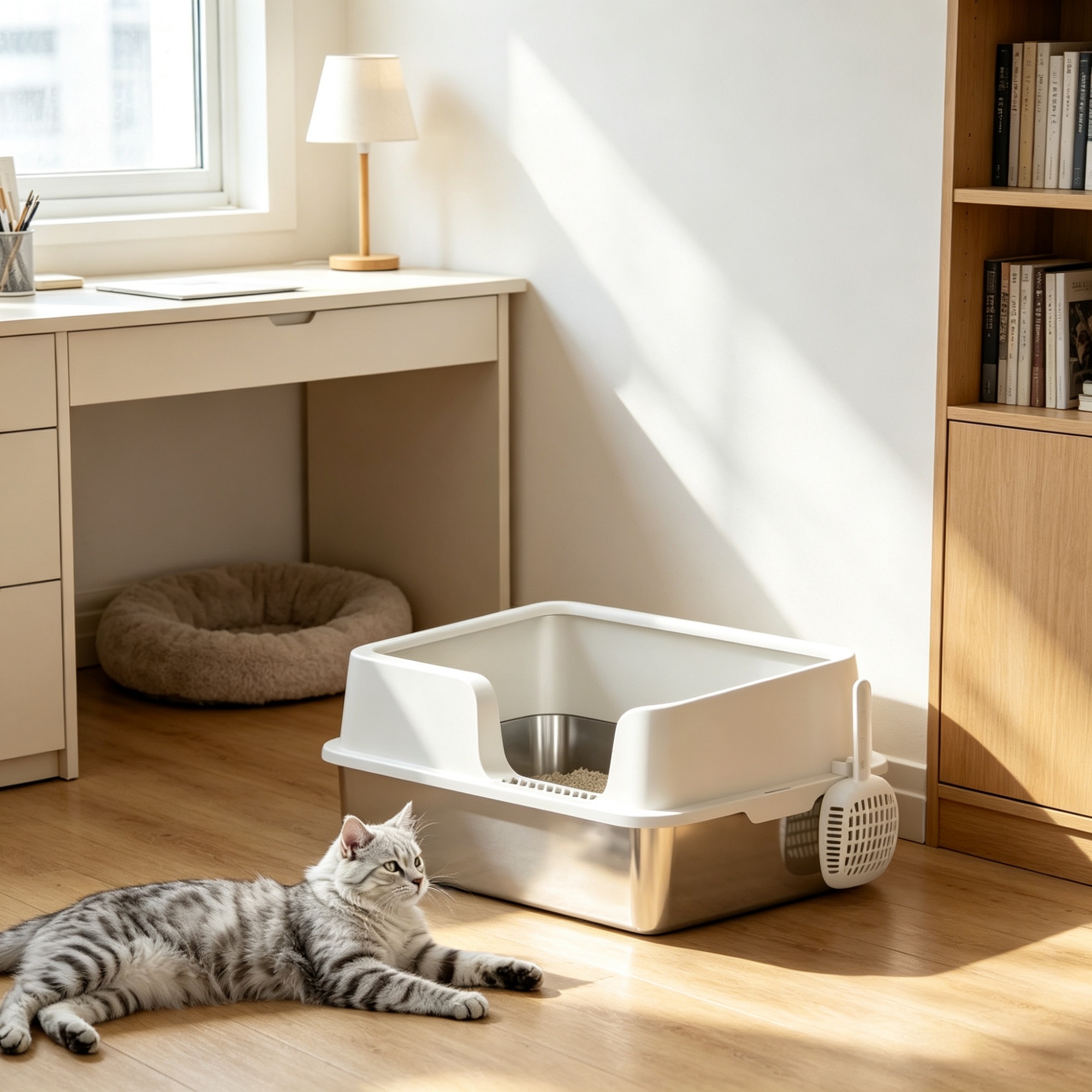 Extra Large Cat Litter Box with High Sides and Stainless Steel Tray