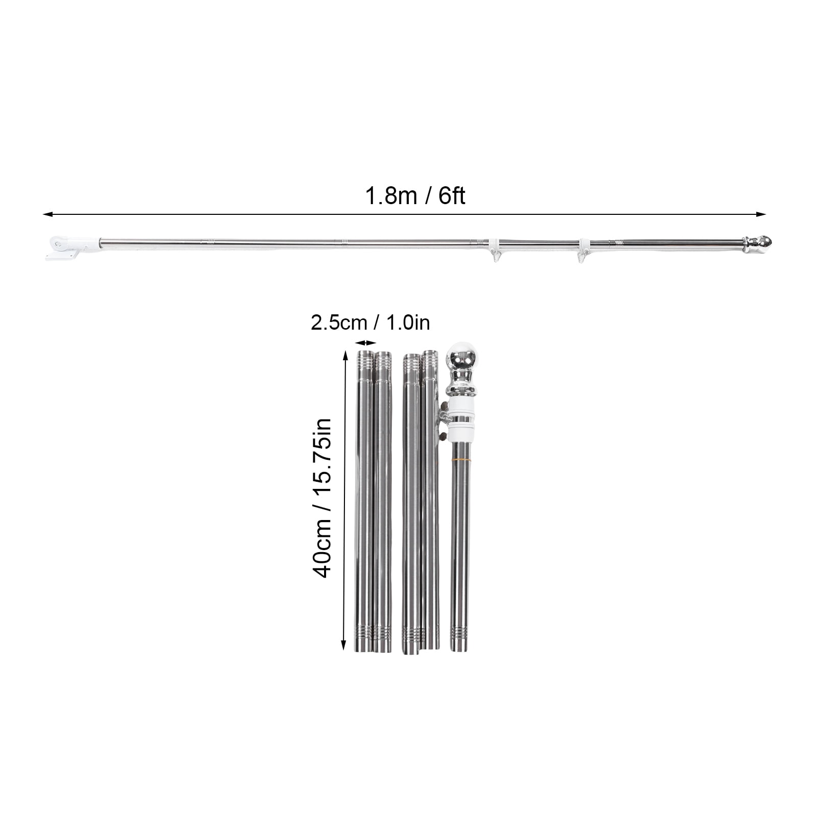 M Buder 6FT Flag Pole Kit Stainless Steel Anti Tangling Spinning Flagpole for House, 1 Inch Diameter Weather Proof Wall Mounted Metal Flag Pole Outside, Silver (1.8m / 70.8 in)