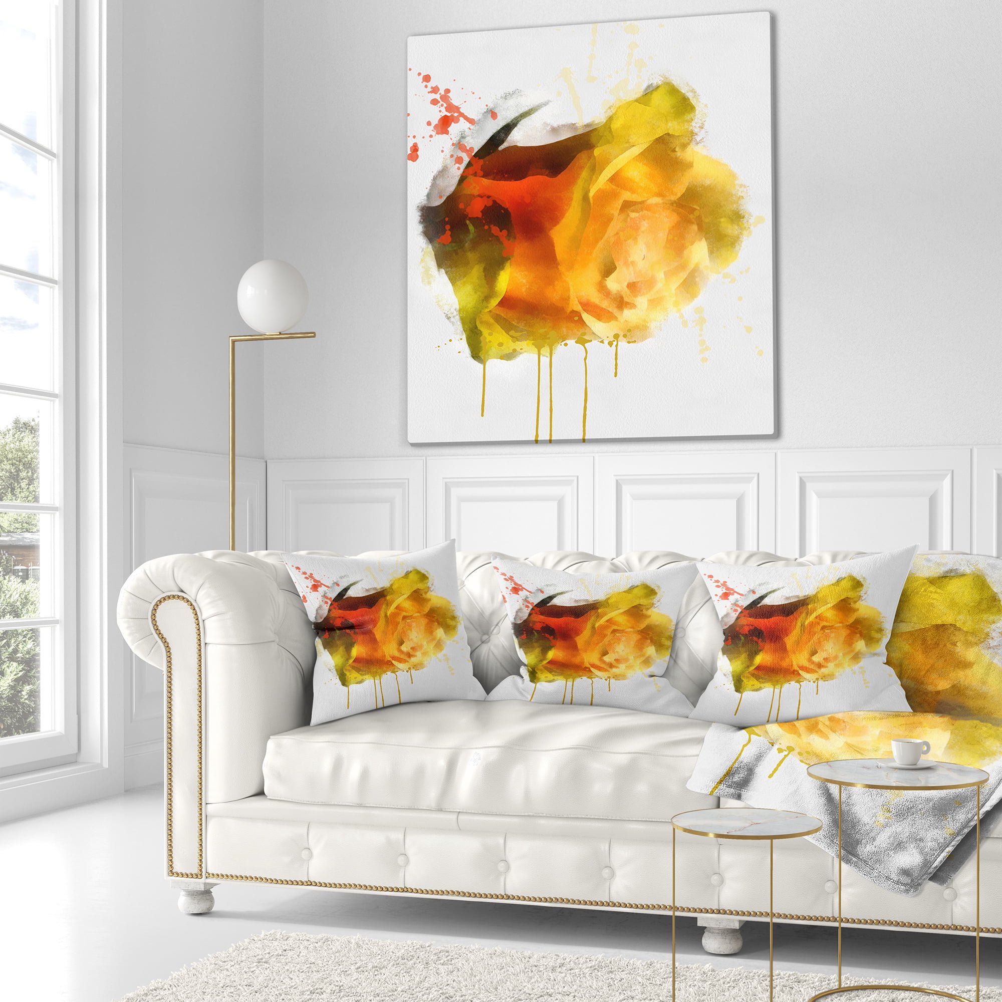 Designart Yellow Hand drawn Rose on White - Floral Throw Pillow - 18x18