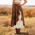 thumbnail image 2 of Western Style Skirt with Alluring Lace Inserts, Boho Mid Length A-Line Denim, Women's Casual Elastic Waist Frayed Hem Distressed Hippie Long Maxi, 2 of 9