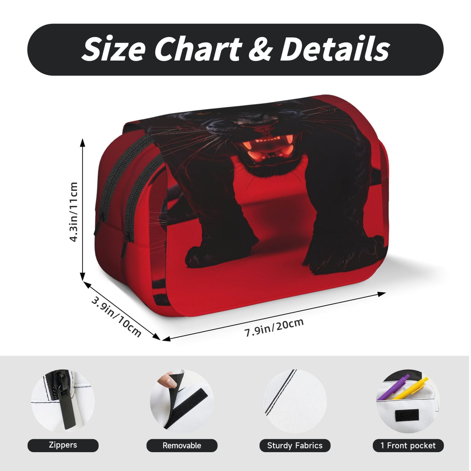Rateoe Panther Red Background Pattern Double Clamshell Pen Case, Storage Organizer with Two Zipper Compartments– Holds Up to 50 Pencils & Pens