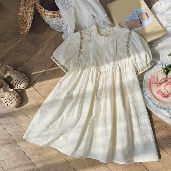 Girl Dresses Floral Print Neck Short Sleeve Ruffles Pleated Dress Everyday Wear Dress for Girls Beige 3 Years-4 Years
