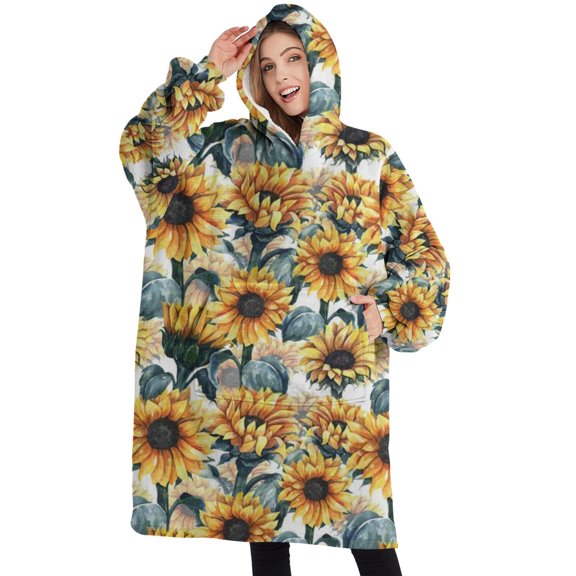 Oversized Wearable Blanket Hoodie,White Blue Sunflower Pattern Sherpa Blanket Hoodie with Super Pockets,Super Warm Fuzzy Pullover for Women & Men