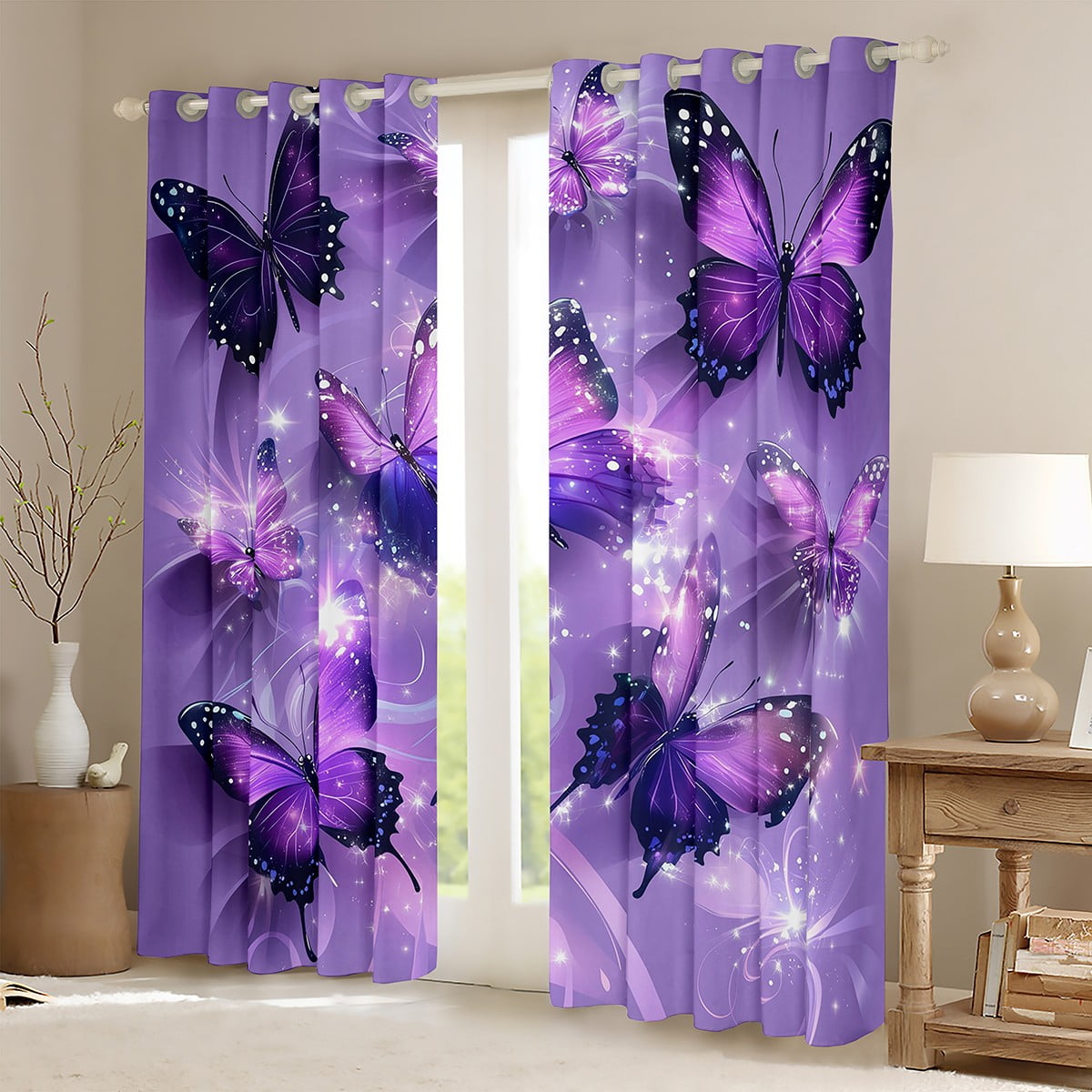 Manfei Kawaii Butterfly Black Out Curtains,Dreamy Theme Curtains Pack of 2 (42x63 Each),Purple Black Bedroom Curtains For Girls Teens,Ultra Soft Home Decor