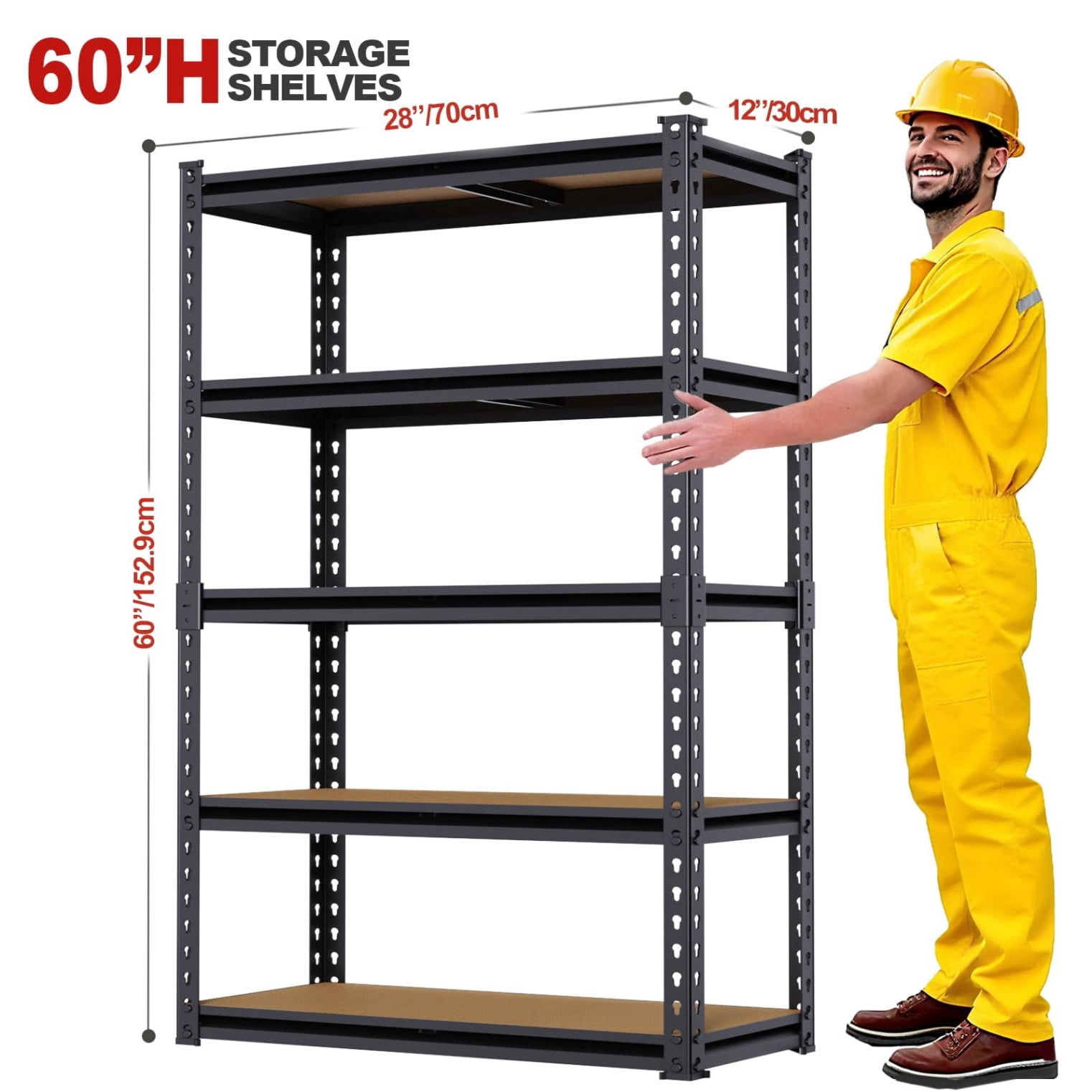 5 Tier Storage Shelves, Heavy Duty Metal Shelving Unit 2000 lbs, Adjustable Gourd Hole Rack for Garage Pantry Closet Kitchen Warehouse, Black