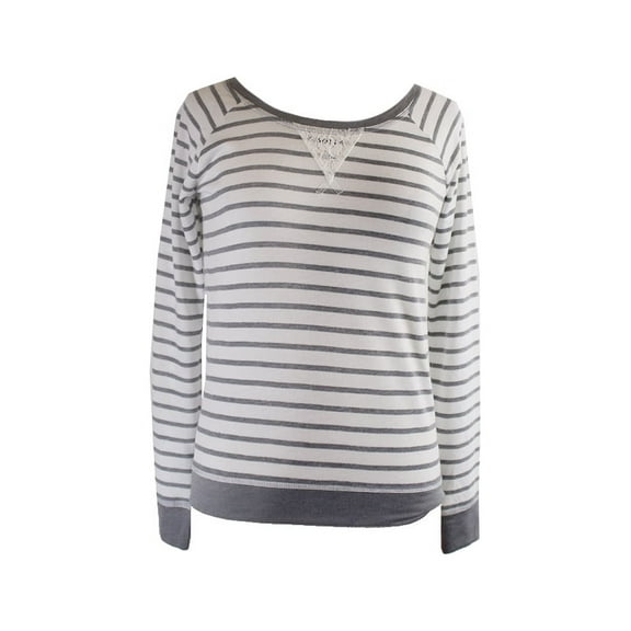 Jenni Womens Ivory Grey Long-Sleeve Striped Sleep Tee XS