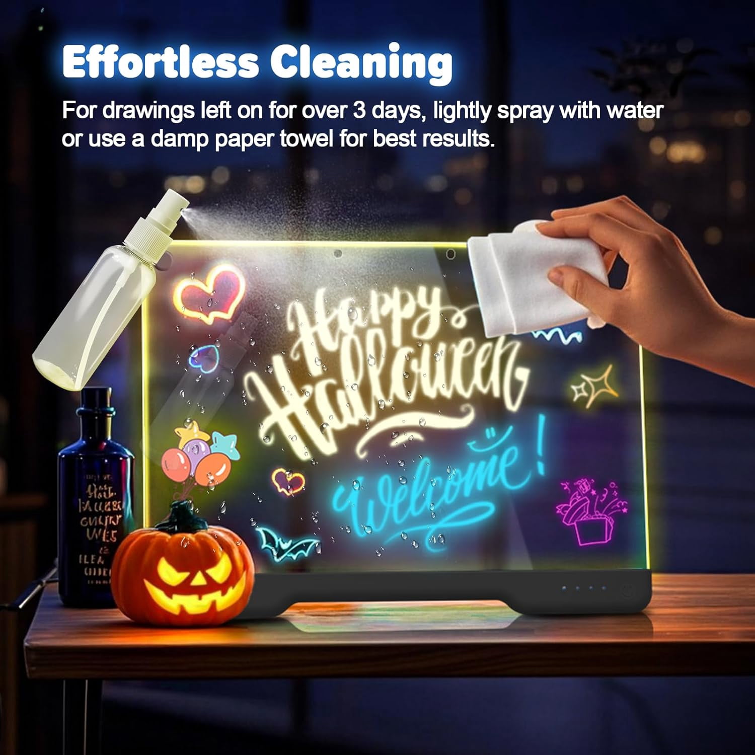 Rechargable "13.7"X10" LED Light-Up Dry Erase Board with 9-Color Neon Doodle Glow Drawing, Touch Control & Stand - Night Light up for Kids Room/Office/Gift, Includes 5 Markers (Black)