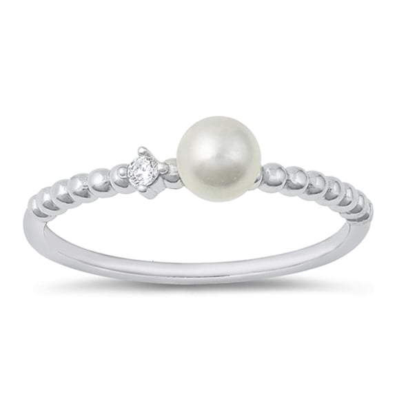 Freshwater Simulated Pearl Clear CZ Ring .925 Sterling Silver Band White Jewelry Female Size 4