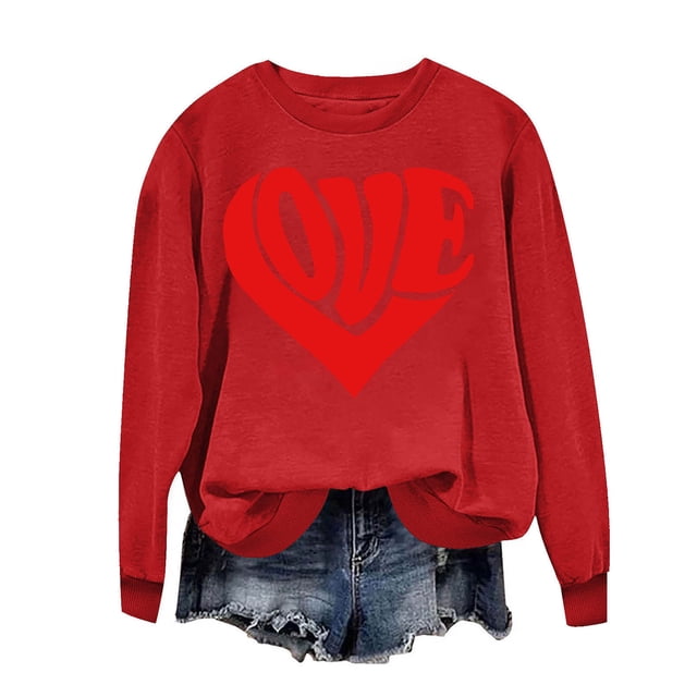 Penkiiy Chandail en Molleton Imprimé Cœur pour Femmes Manches Longues Col Rond Décontracté Ample Vintage Amour Graphique Chandail TG Rouge