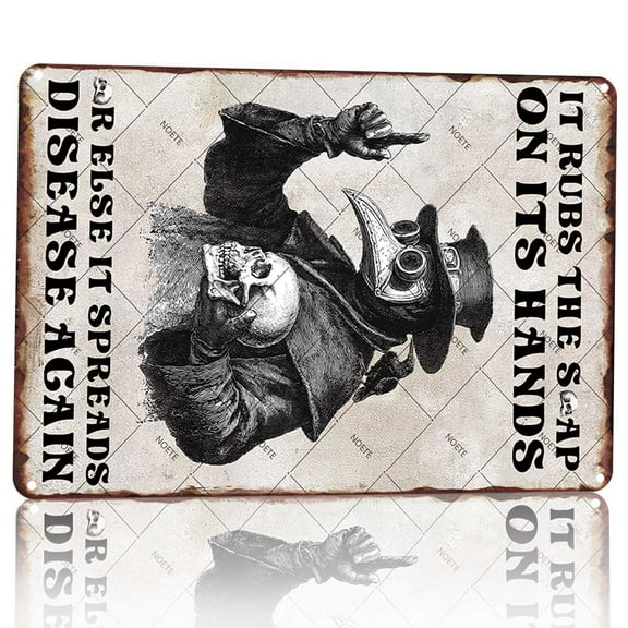 Noete 8x12 Inch Gothic Doctor Metal Tin Sign - "It Rubs the Soap on Its Hands" Wash Your Hands Humorous Wall Decor for Bathroom, Clinic & Halloween