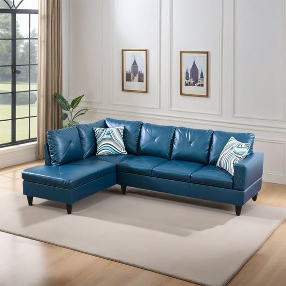 Hommoo 2-Piece Faux Leather L-Shaped Sectional Couches and Sofa Set, Modern Living Room Furniture Set, No Ottoman, Left Side, Denim