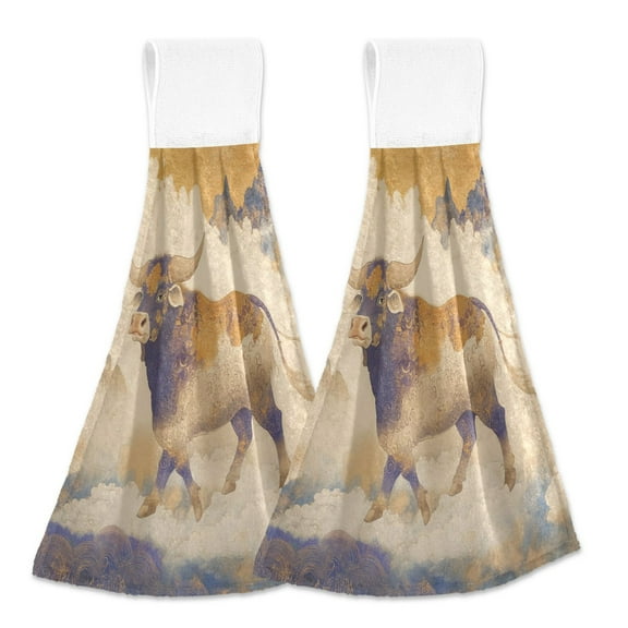 BZSMCE Hanging Hand Towels Fashion The Ethereal Bull Pattern 2-Pack - Velcro Style Bathroom Kitchen Towels