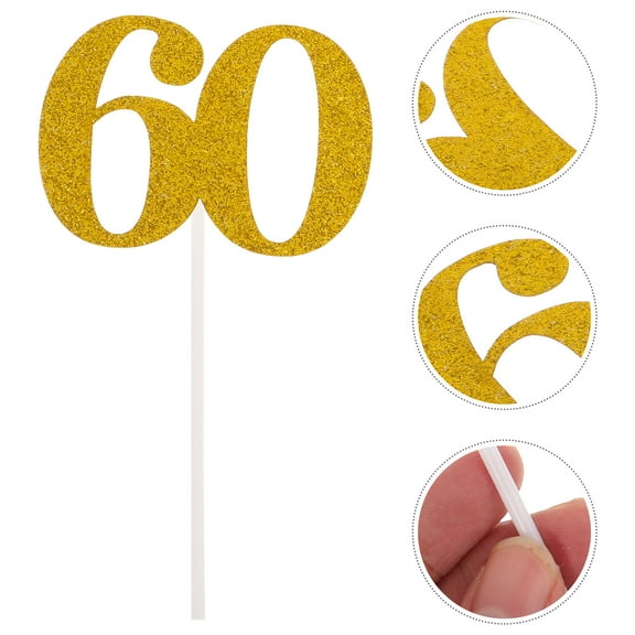 OUNONA 10pcs Number 60 Cupcake Pick Glitter Paper Cake Stick Pick Topper Decor Cake Decorations(Golden)