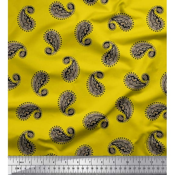 Soimoi Yellow Cotton Jersey Fabric Black Sketch Paisley Printed Craft Fabric by the Yard 58 Inch Wide