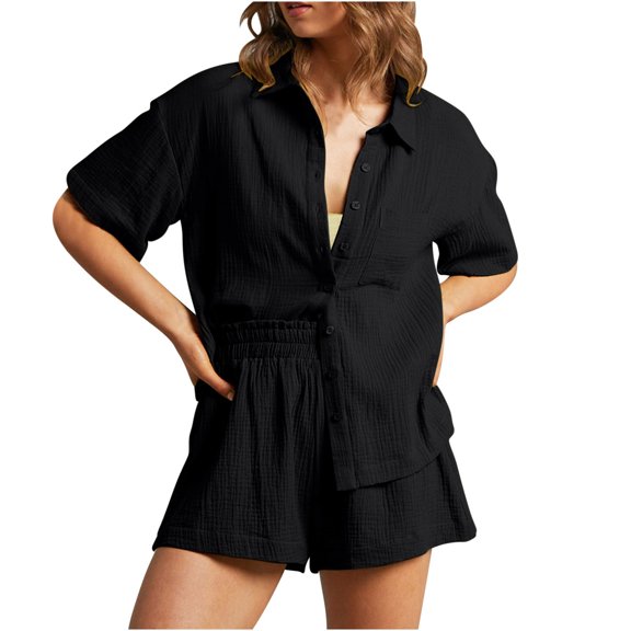 Paiyanr Cotton Linen Sets for Women Summer Breathable Shirts Shorts 2 Piece Outfits Short Sleeve Short Pants Casual 2PC Sets with Pockets