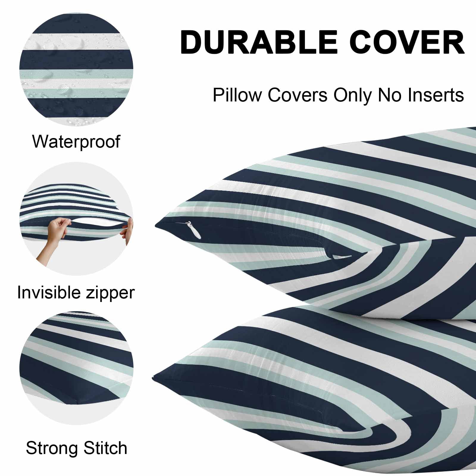 Turquoise Navy Blue Stripe Outdoor Pillow Covers Set of 2 Modern Abstract Waterproof Throw Pillow Case Decorative Square Cushion Cover for Patio Couch Garden Balcony, 18"x18"