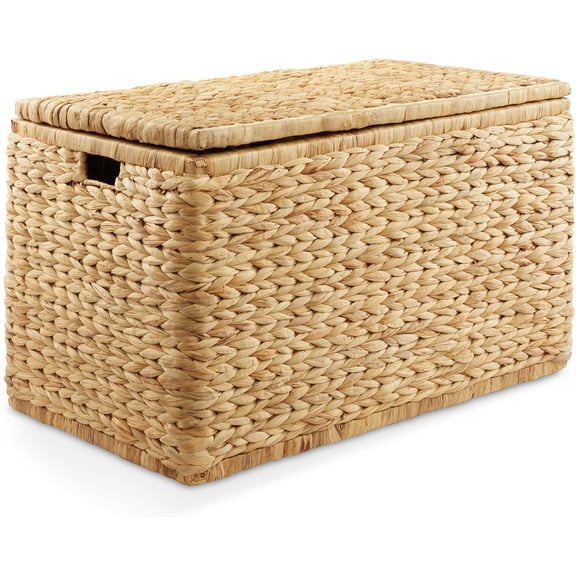 30" Storage Chest with Lid, Handles, and Safety Hinge - Natural, Water Hyacinth Wicker Storage Trunk for Entry Way, Living Room, Bedroom