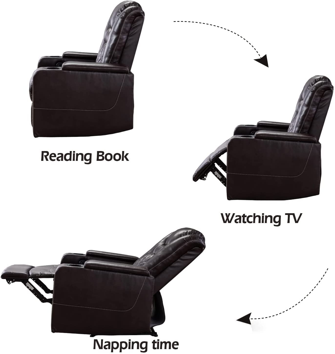 Bonzy Home Electric Recliner Chair, Leather Home Theater Seating, Living Room Chair with USB Ports and Cup Holders Brown