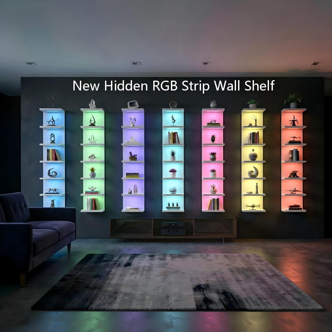 7-Tier Wall Shelf with 10 RGB Lighting Modes, Multifunctional Wall Mounted Vertical Display Floating Shelf for Bedroom Living Room Vanity, White
