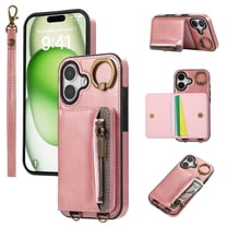 Dteck Wallet Case for iPhone 16, Magnetic Clasp Zipper Purse PU Leather Wristlet Wallet Case with Credit Card Slot Holder Back Flip Cover with Strap for iPhone 16 2024, Pink