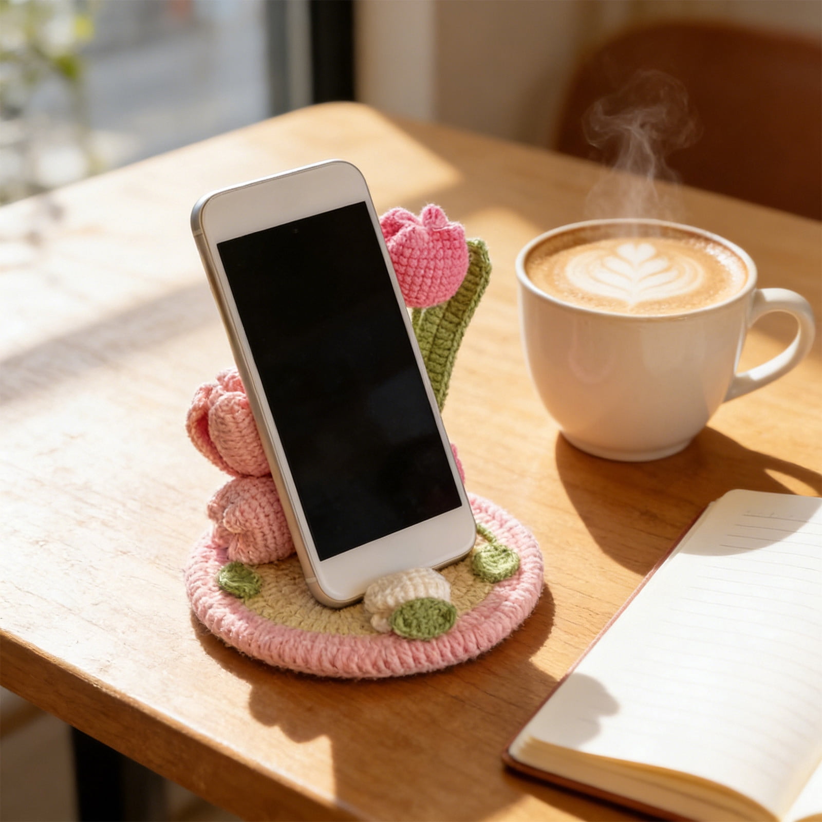 AURIGATE Handmade Crochet Tulip Flower Phone Stand, 5.12 Inch Cotton Cute Floral Phone Holder for Desk Home Office Decor