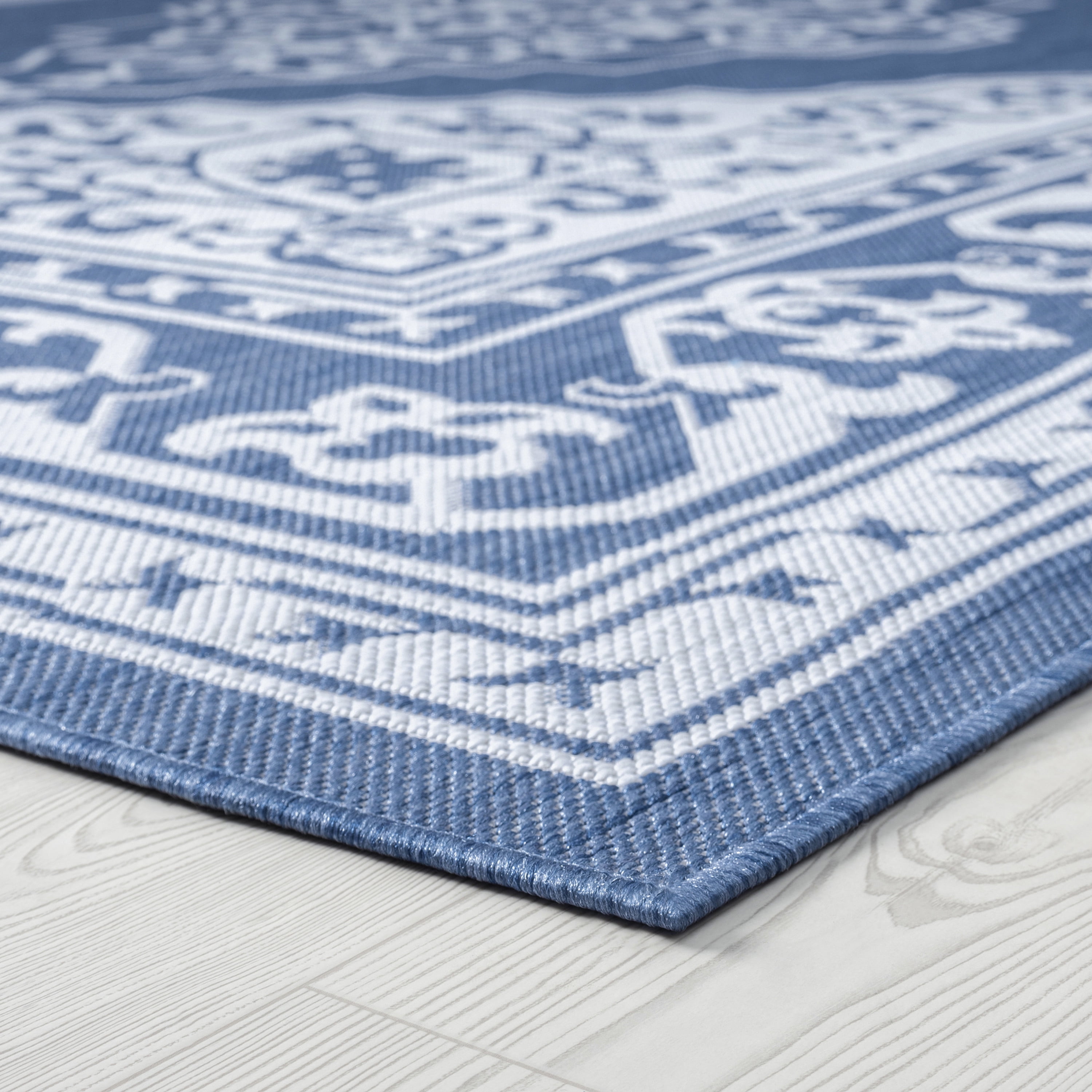 Bliss Rugs Traditional Medallion Indoor Outdoor Area Rug for Patio, Porch, Garden | Blue, 4' x 5'3''
