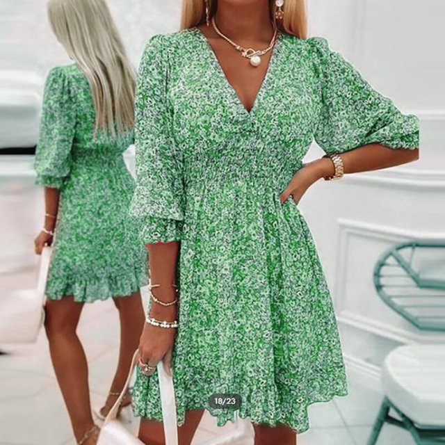 New Floral Printed Mini Dress Women Elegant V Neck Ruffle Sleeves Dresses 2022 A Line Long Sleeve Vintage Casual Dress VestidosL Gao Jinjia LED