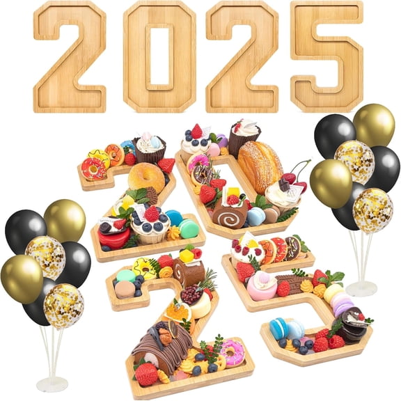 4PCS Wooden Graduation Decorations Number Charcuterie Board Box-(with 14 Balloons)2025 Charcuterie Numbers Fillable Food Graduation Party Supplies Sui
