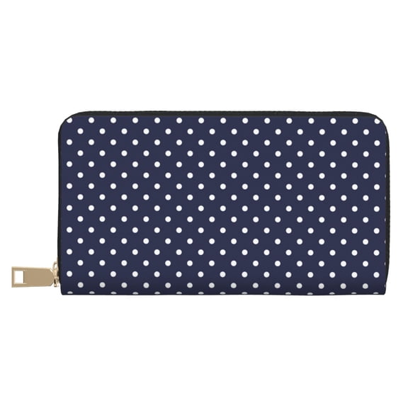 Leather Thin Slim Wallets for Women Men - polka dots navy blue Clutch Card Wallet for Women Men with Zipper