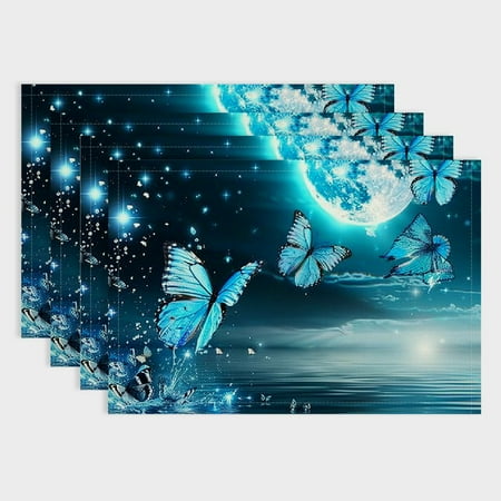 

Shiartex Butterflies Moon Water 4pcs Linen Table Mats for Birthday Parties Christmas Restaurants Buffets 18x12in