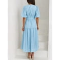 thumbnail image 5 of Women's V Neck Puff Sleeve Midi Dress with Ruched Detail Lined Body Lightweight Fabric 95% Polyester 5% Spandex, 5 of 20