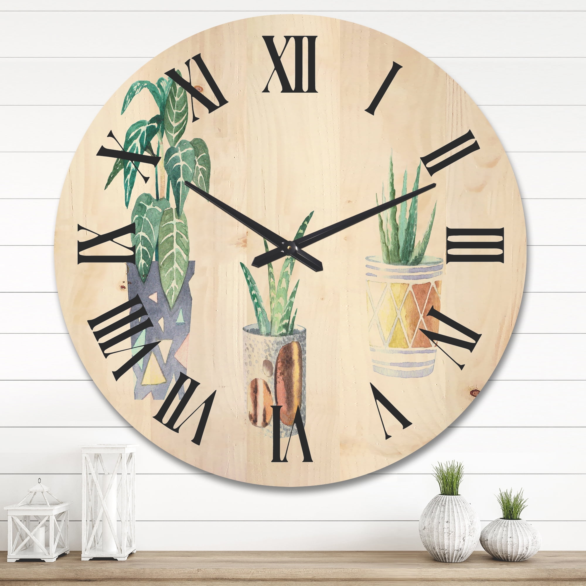 Designart 'Three Potted Houseplants On White' Traditional Wood Wall Clock
