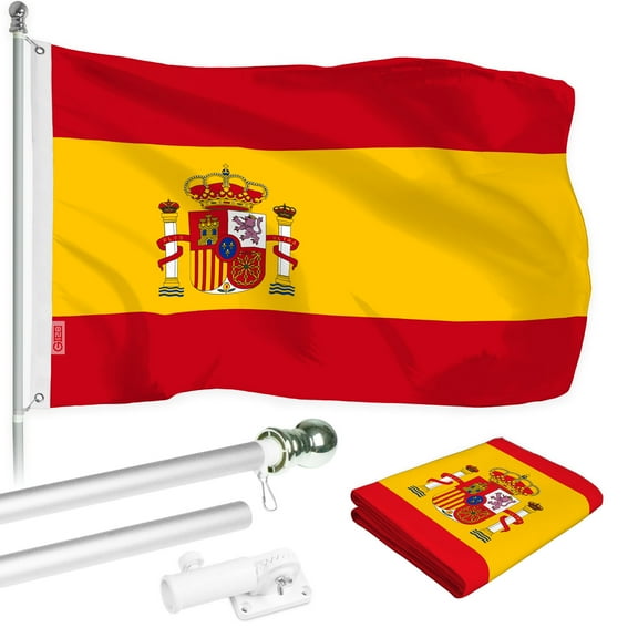 G128 - 6 Feet Tangle Free Spinning Flagpole (Silver) Spain Brass Grommets Printed 3x5 ft (Flag Included) Aluminum Flag Pole