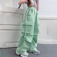 thumbnail image 2 of CPNG Girls Casual Cargo Jeans Teen Girls Wide Leg Straight Solid Color Pants Daily Elastic High Waisted Denim Trousers(Mint Green,11-12 Years), 2 of 8