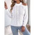 thumbnail image 4 of Women Cable Openwork Hollow Cut Out Cold Shoulder Crew Neck Long Sleeve Loose Pullover Sweater White S, 4 of 9