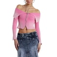 thumbnail image 2 of Sunloudy Women Lapel Crop Tops Off Shoulder Long Sleeve Gradient Print Slim Fit T-Shirts Ribbed Tops, 2 of 7