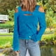thumbnail image 4 of Blusa de manga larga de moda de color sólido con diseño recortado y hombros descubiertos para mujer para compras en casa Azul XXL, 4 of 6