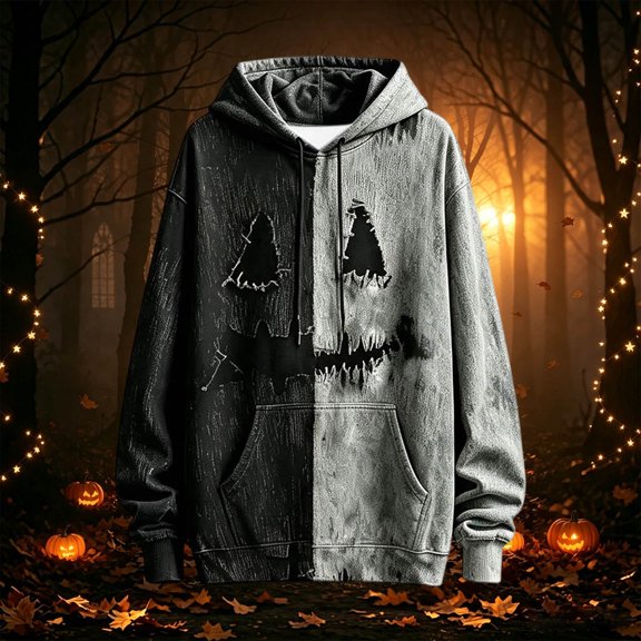Men Halloween Horror Face Hoodies Long Sleeve Spooky Season Sweatshirt With Kangaroo Pocket 2026 Fall Warm Pullover
