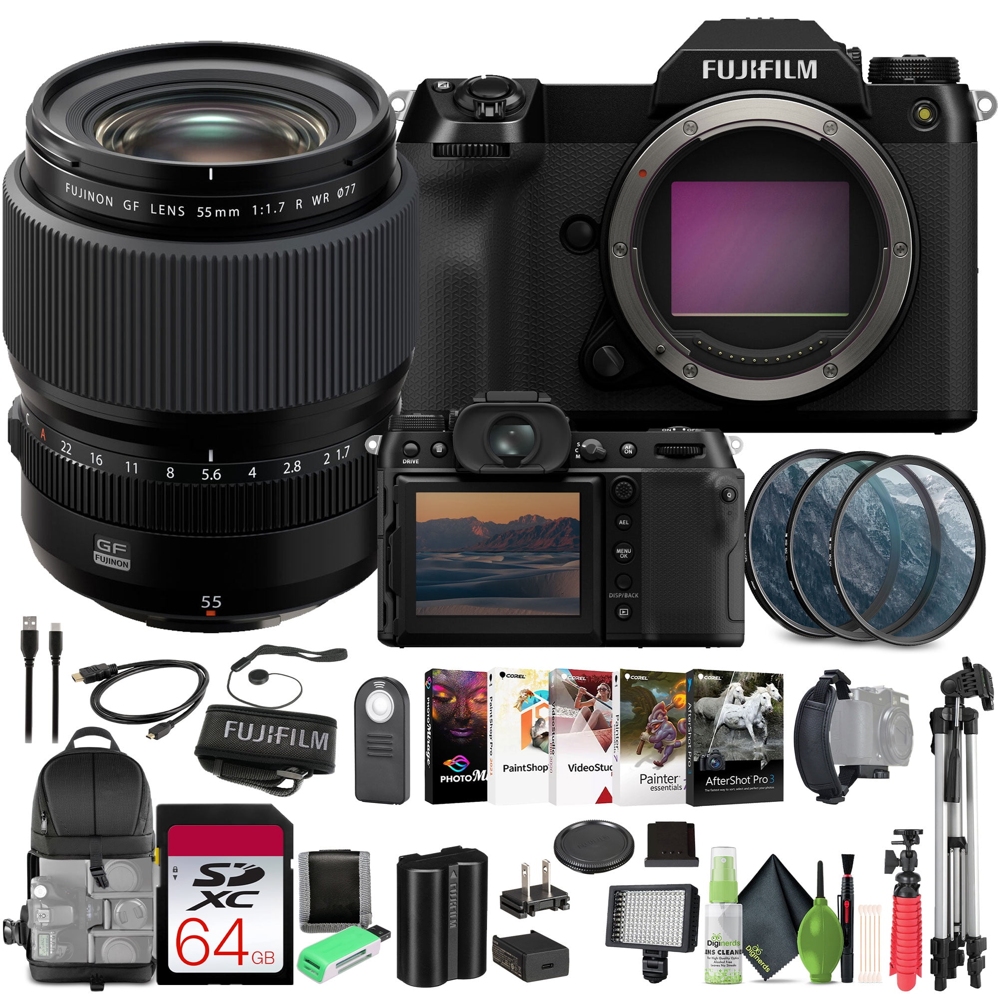Fujifilm GFX 100S II Mirrorless Medium Format Camera Body Bundle With Fuji GF 55mm f/1.7R WR Lens (Fujifilm G) + 64GB Memory Card+ Flexible Vlogging Tripod + More Accessories