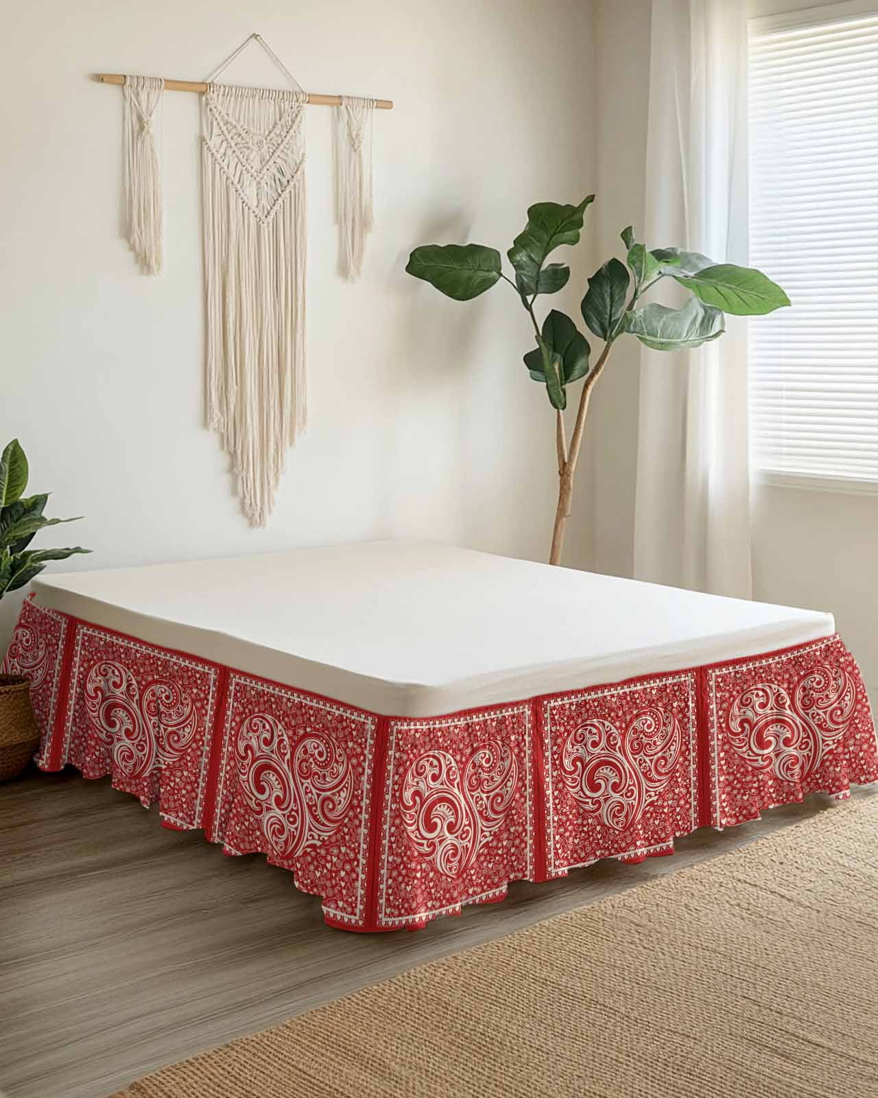 Valentine's Day Wrap Around Bed Skirts for California King Bed 16" Drop,Bed Skirt with Adjustable Elastic Belt Dust Ruffle Bed Valance Red Love Vintage Country Abstract Art Bed Frame Cover