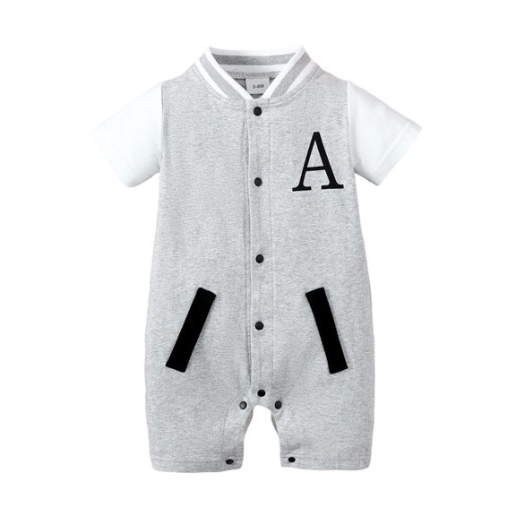 Newborn Baby Boy Letter Pattern Open Front Standing Neck Short Sleeved Casual Jumpsuit Gray Color Infant Clothes