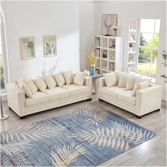 JERFIT Modern Velvet Apricot Sofa Set with Storage, 5-Seater Loveseat and Couch with Square Arms and Silver Nailhead Trim
