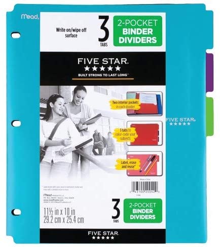 Five Star 2 Pocket Binder Dividers 3 count Blue/Purple/LimeFive Star 2 Pocket Binder Dividers 3 count Blue/Purple/Lime