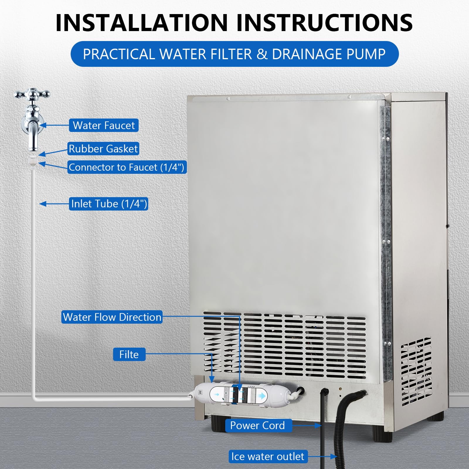Kselythan Commercial Ice Maker Machine,100lbs/24H  Stainless Steel Ice Machine with 33lbs Ice Storage Capacity, Freestanding Under Counter Ice Maker