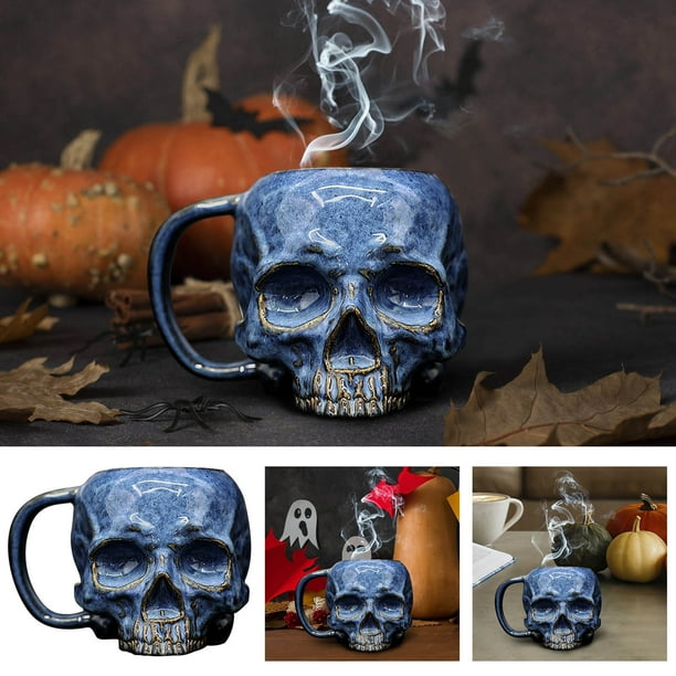 Taza decorativa exquisita taza de calavera azul de Halloween simulación de resina para mesa taza azul